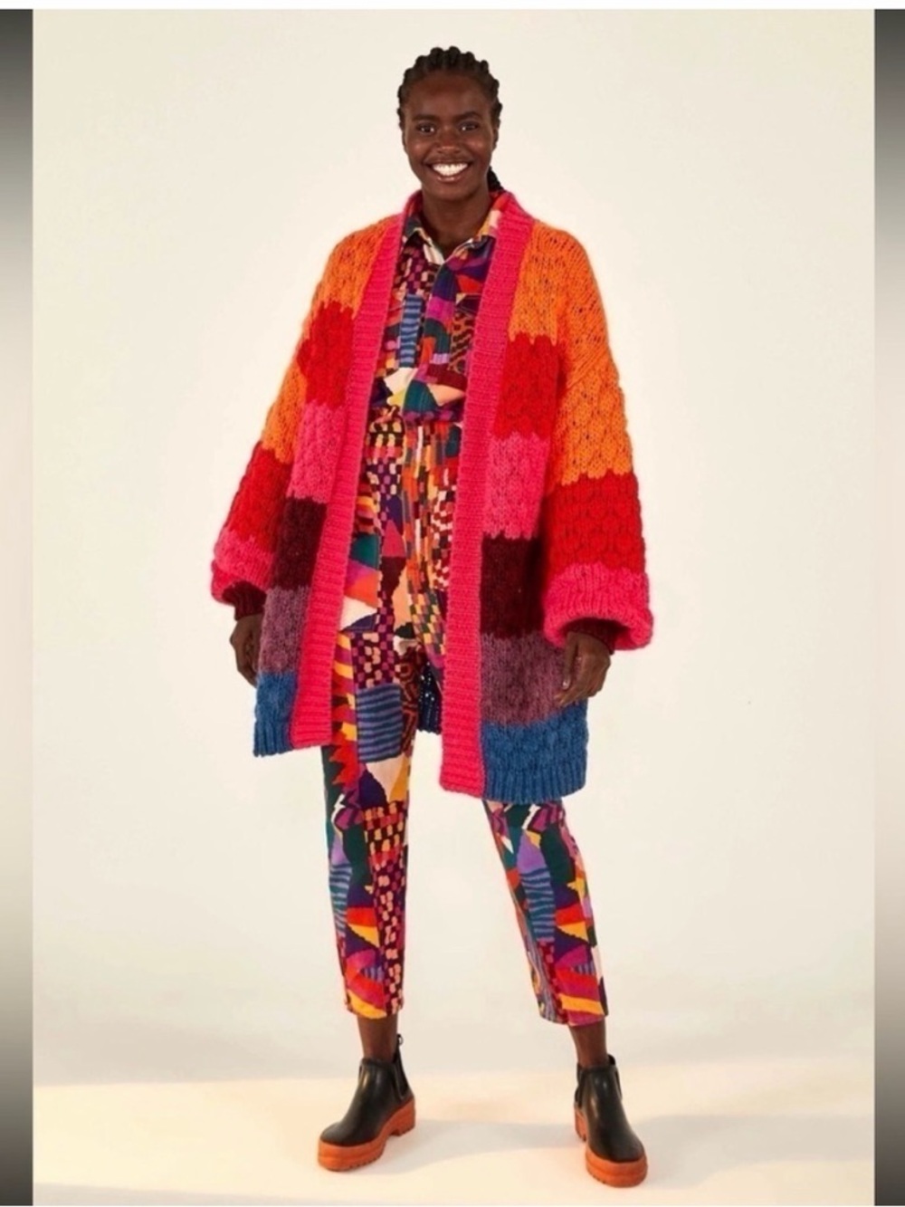 FARM Rio Multicolor Chunky Knit Cardigan - Pink, Orange, Red, Blue, Purple